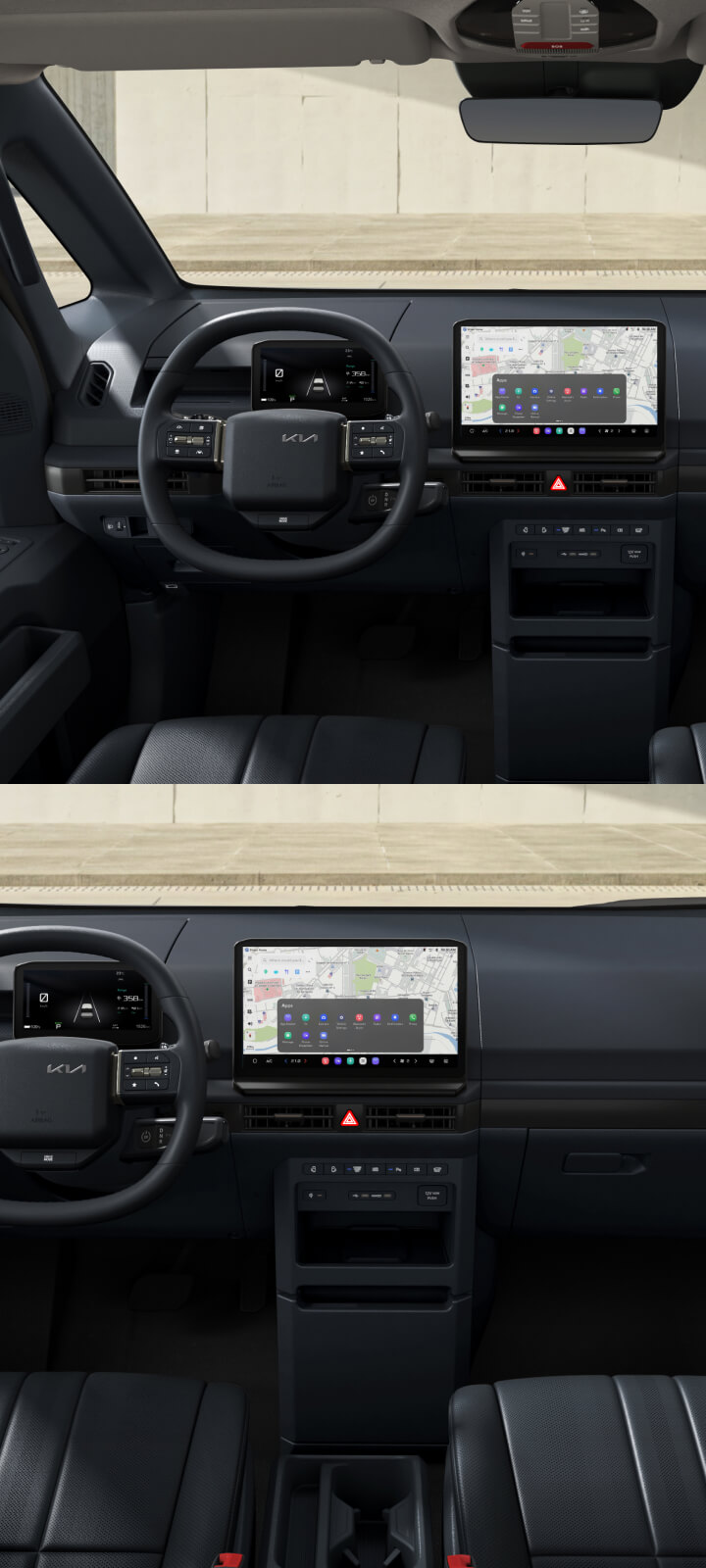 Fahrerperspektive auf das Cockpit des Kia PV5 Passenger mit Lenkrad und Infotainment-Display.